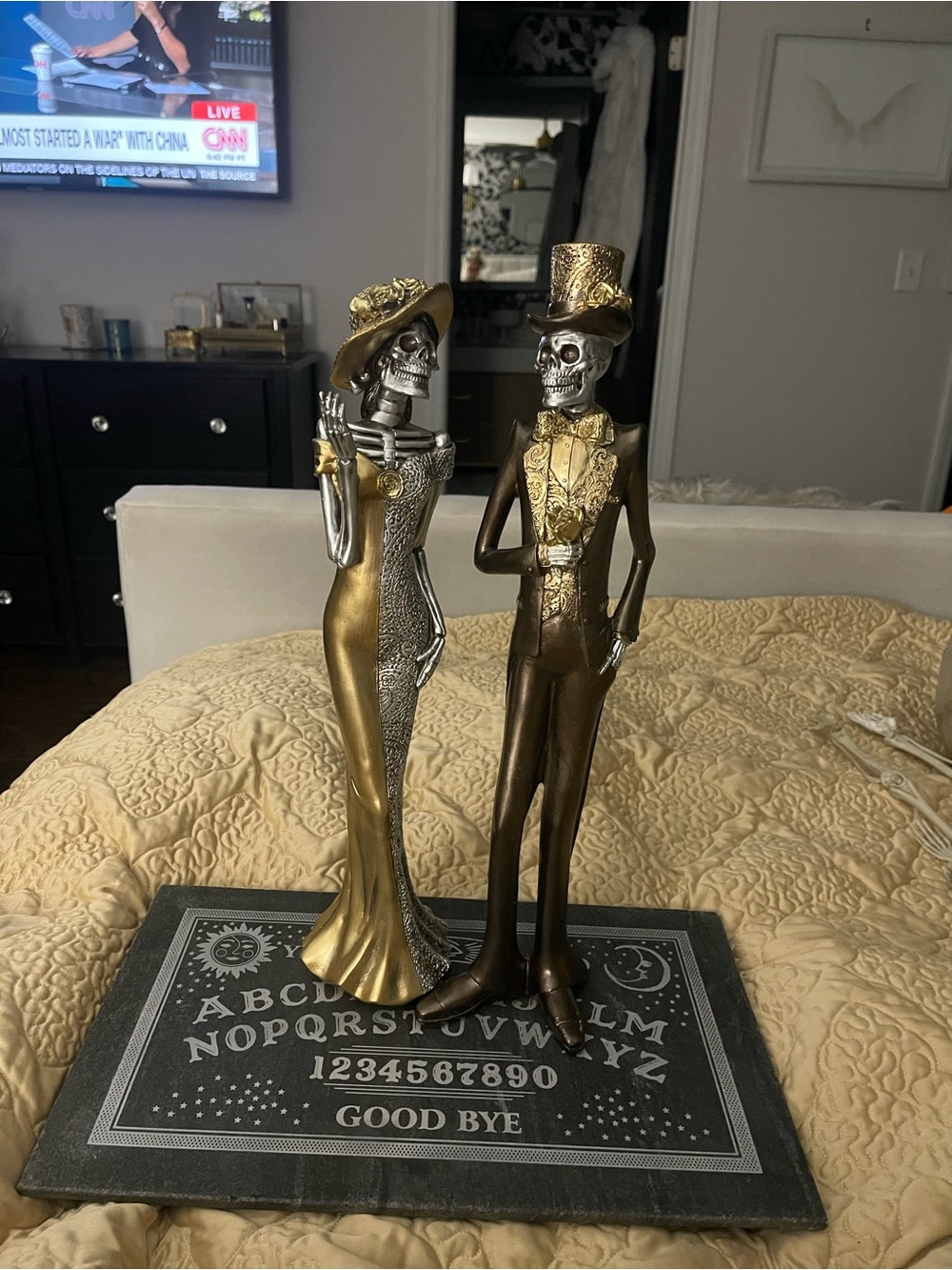 Gold and Silver Skeletal Couple Figurine Set - Home Art Decor